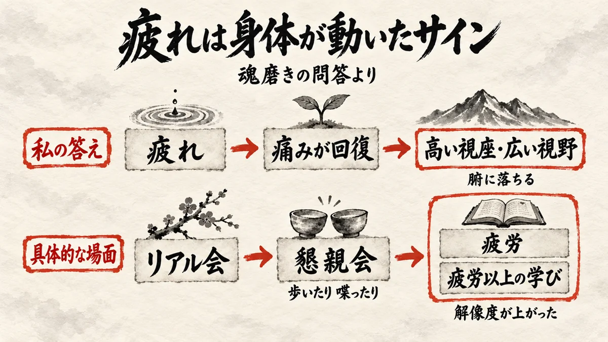 疲れ、痛みの回復、高い視座・広い視野という流れと、リアル会の後の疲労と学びを並べた整理図（AI生成）