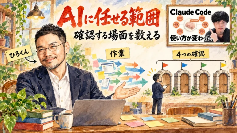 AIに任せる範囲を示す全体図。ひろくんが作業の流れと4つの確認の門を紹介している。壁に動画のサムネイル