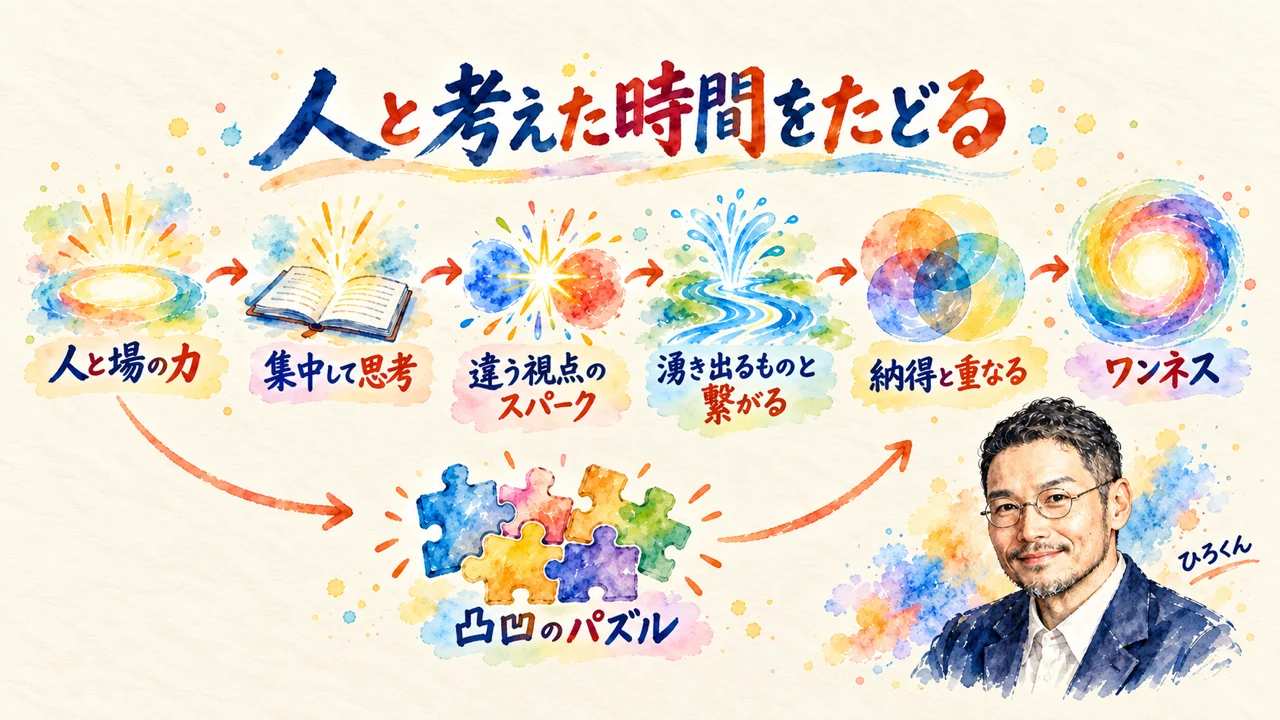 ひろくんが解説する水彩図解：人と考えた時間をたどる。人と場の力、集中して思考、違う視点のスパーク、湧き出るものと繋がる、納得と重なる、ワンネス、凸凹のパズル。
