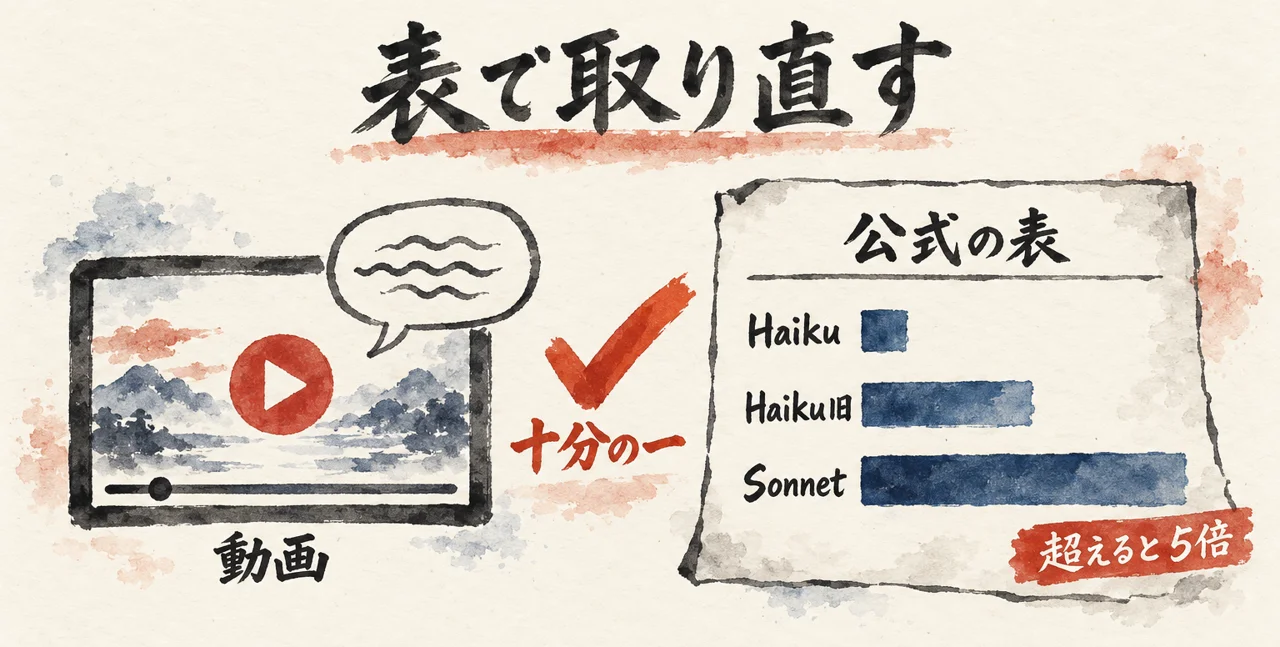 動画の字幕は崩れていたので、公式の料金表で取り直すと、Haikuは十分の一、100kを超えると5倍になることを示した図解