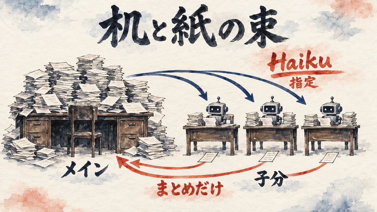 書類の山に埋もれたメインの机から、Haikuを指定した子分3人の机へ依頼を渡し、まとめだけが返ってくる図解