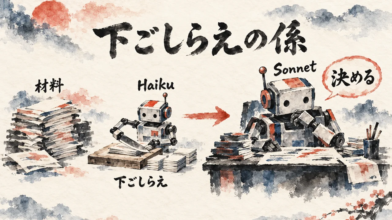 材料の山をHaikuが下ごしらえし、Sonnetが決める流れを、包丁と机の絵で示した図解