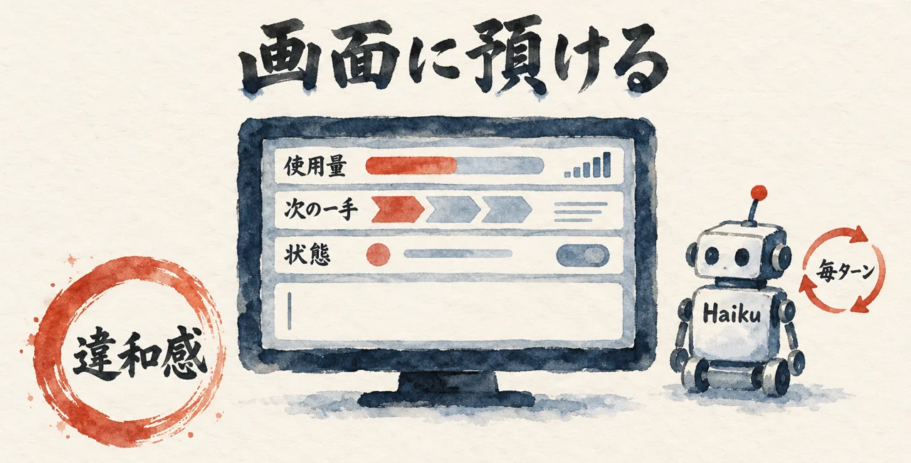 使用量や次の一手が並ぶ画面を毎ターンHaikuに預けると、違和感がある、という図解