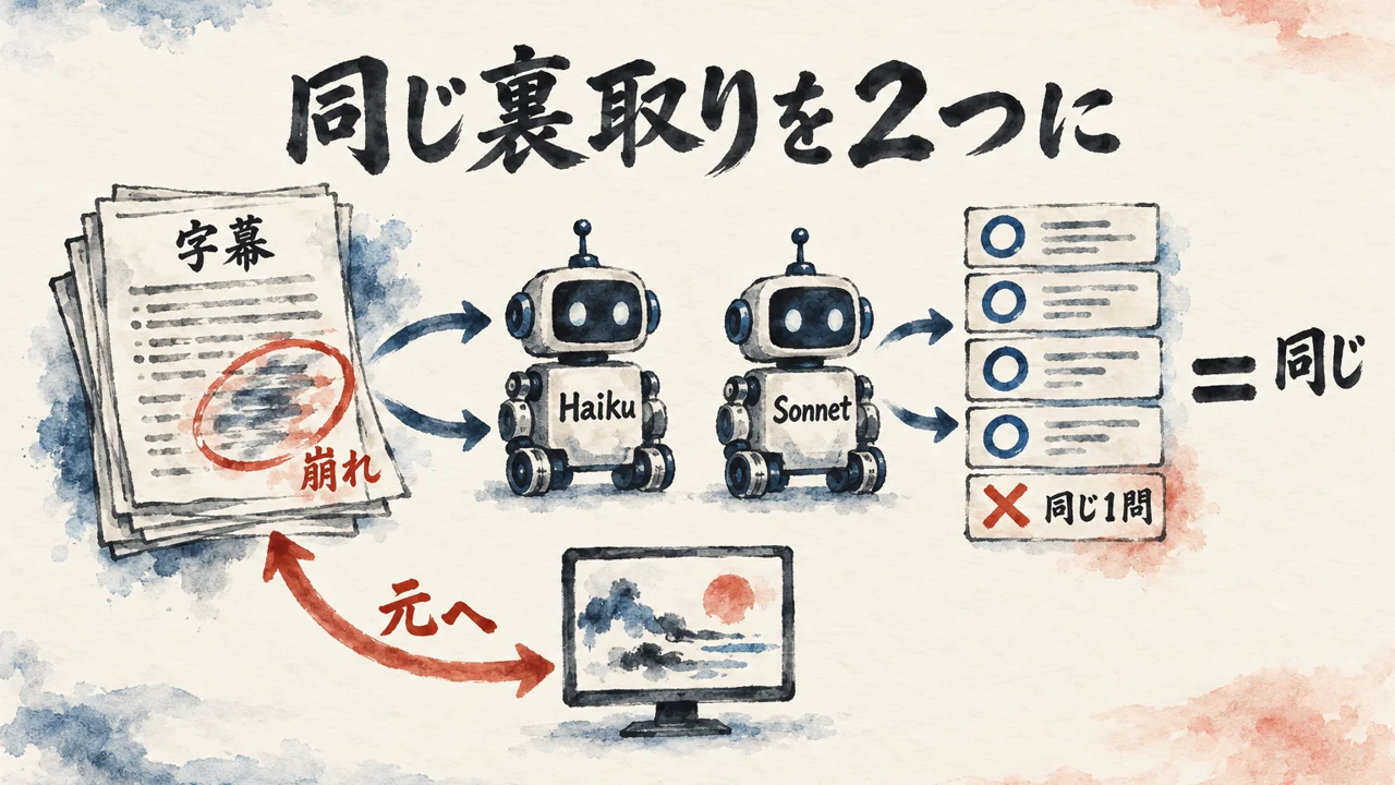 同じ字幕の裏取りをHaikuとSonnetに頼んで判定が同じになり、同じ1問だけ間違えたので、元の動画へ戻って確かめたことを示した図解