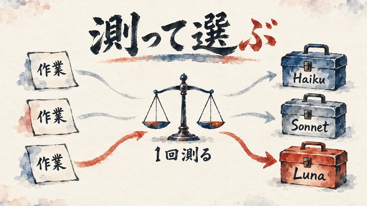 作業を天秤で1回測って、Haiku、Sonnet、Lunaの3つの道具箱から選ぶ図解