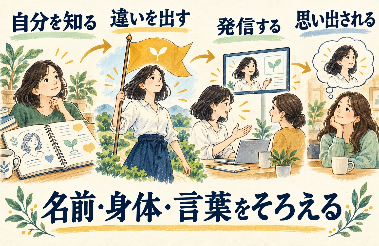 本全体の地図。自分を知る、違いを出す、身体と言葉で発信する。お客様の記憶につながる。