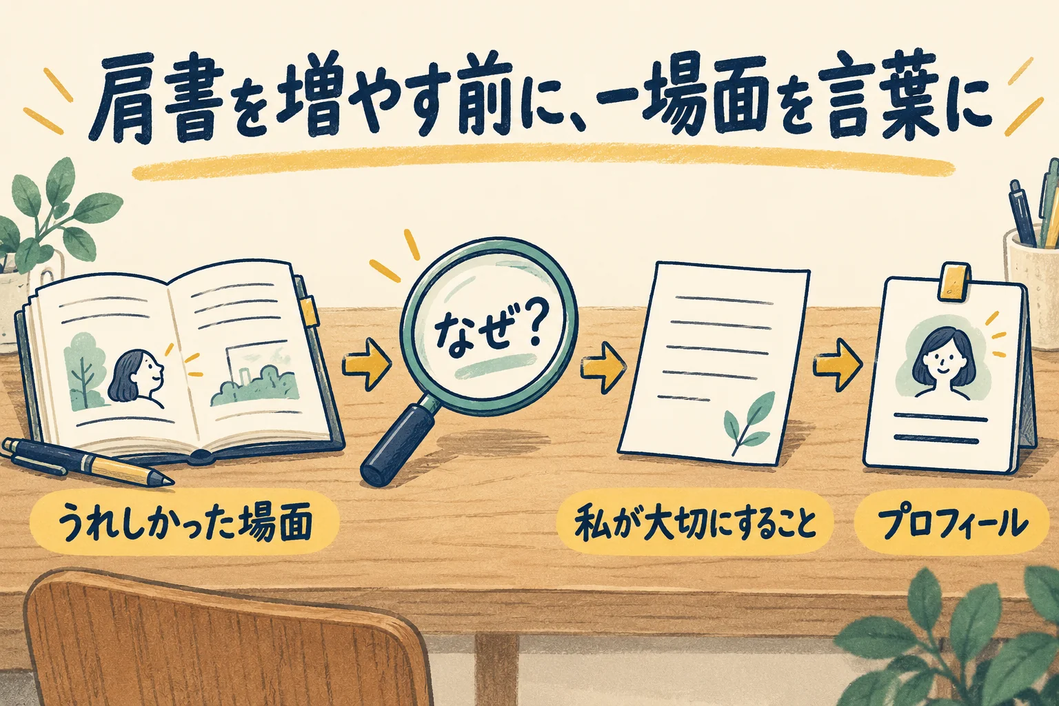 実践編。うれしかった場面を一つ書き、なぜうれしかったかを掘り、プロフィールの一文にする。