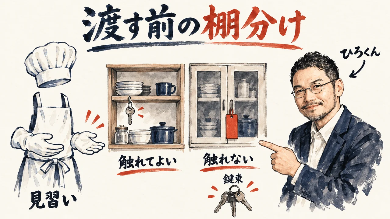 ひろくんが厨房の壁を指さし、触れてよい棚と触れない棚を見習いの帽子とエプロンに示す図解