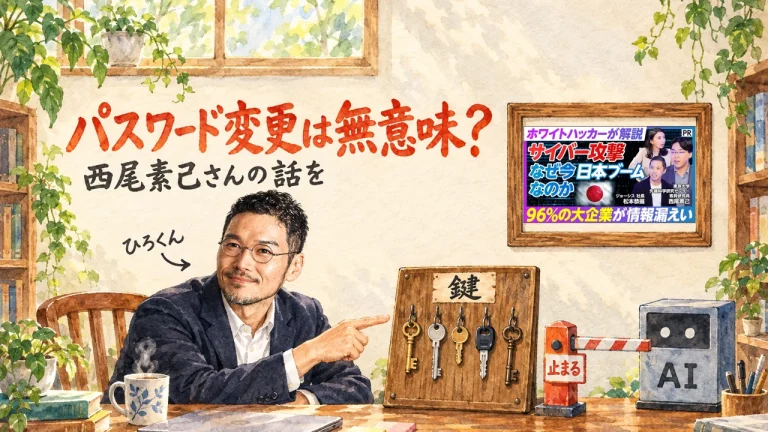 ひろくんが鍵束の掛け板を指さし、遮断機の先にAIの箱がいるアイキャッチ。壁に動画のサムネイル
