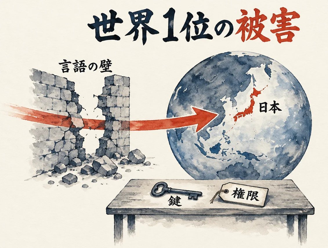 崩れる言語の壁の向こうから矢印が日本を朱色に塗った地球儀へ届き、手前に鍵と権限の札が置かれた図解