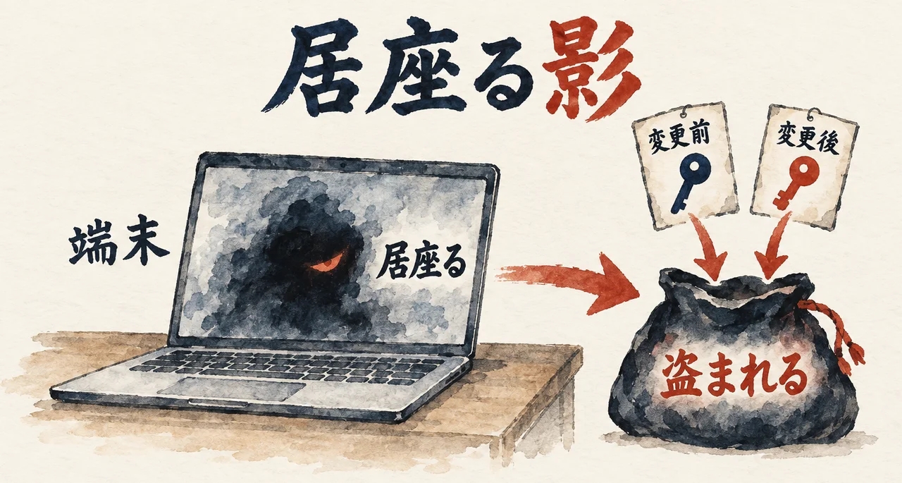 端末の中に居座る影が、変更前と変更後の鍵の札をどちらも盗む袋へ運ぶ図解