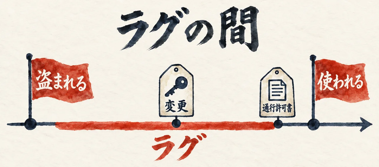 盗まれる旗から使われる旗までの時間の道で、ラグの間に変更と通行許可書の札がある図解