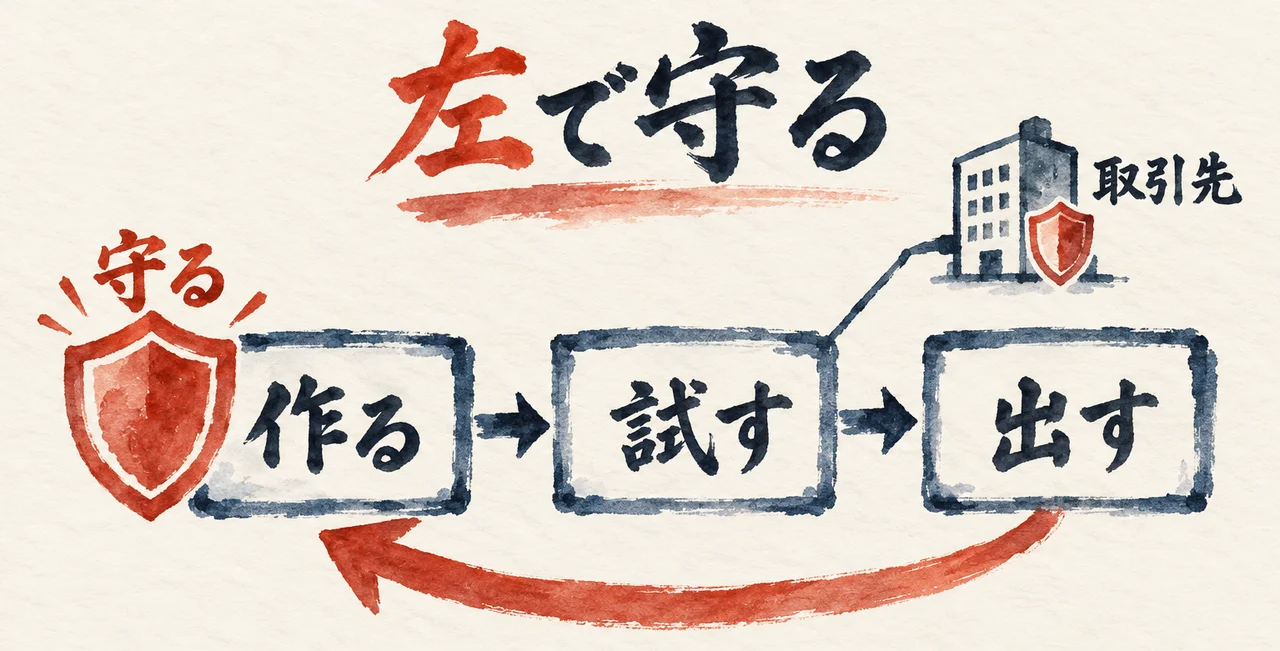 作る・試す・出すの流れで、左の作るに盾があり、取引先の建物にも盾がある図解