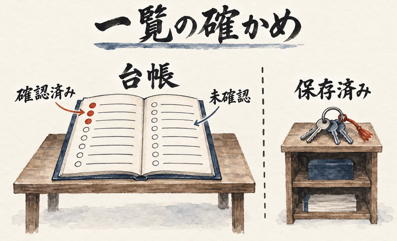 確認済みが少ししかない台帳と、別の棚にある保存済みの鍵束を点線で分けた図解