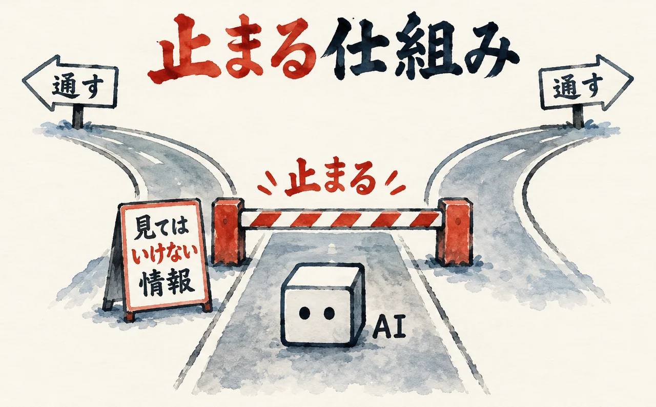 見てはいけない情報の札の手前で遮断機が下り、AIが止まり、通す道は別に続く図解