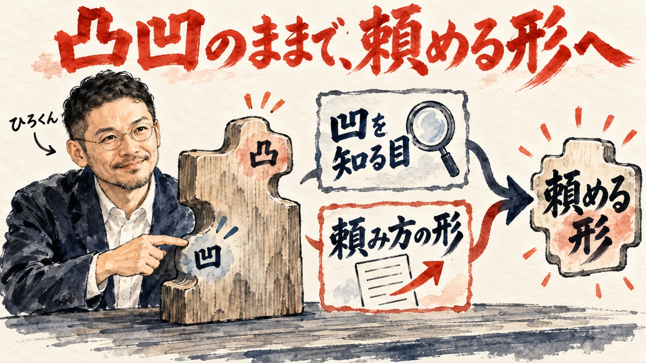 ひろくんが凸凹のある木の板の凹を指で示している。凹を知る目と頼み方の形が一つにまとまり、頼める形になる、というコラムの図解