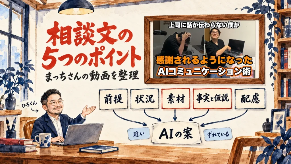 相談文の5つのポイントとして、前提・状況・素材・事実と仮説・配慮の五枚の付箋がAIの案へ集まり、近いかずれているかを選ぶ図。左下で笑顔のひろくんが右手で紹介し、壁の額縁には動画のサムネイルが掛かっている。壁に動画のサムネイル