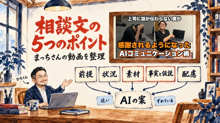 相談文の5つのポイントとして、前提・状況・素材・事実と仮説・配慮の五枚の付箋がAIの案へ集まり、近いかずれているかを選ぶ図。左下で笑顔のひろくんが右手で紹介し、壁の額縁には動画のサムネイルが掛かっている。壁に動画のサムネイル