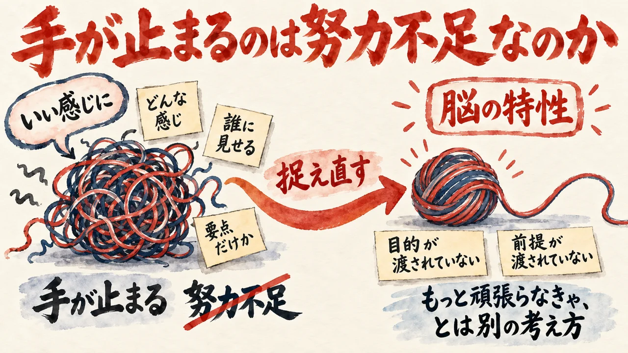 いい感じにの一言で頭の中が絡まった毛糸玉になり、手が止まる。努力不足と責める見方を消して、目的と前提が渡されていないだけだと捉え直すと、毛糸がほどけて一本につながる図解