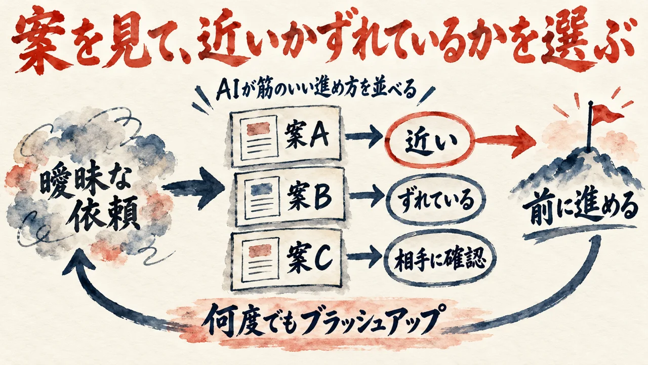 曖昧な依頼に対して、AIが案A・案B・案Cを並べ、近い・ずれている・相手に確認の三つから選び、前に進める。何度でも磨き直す流れの図解