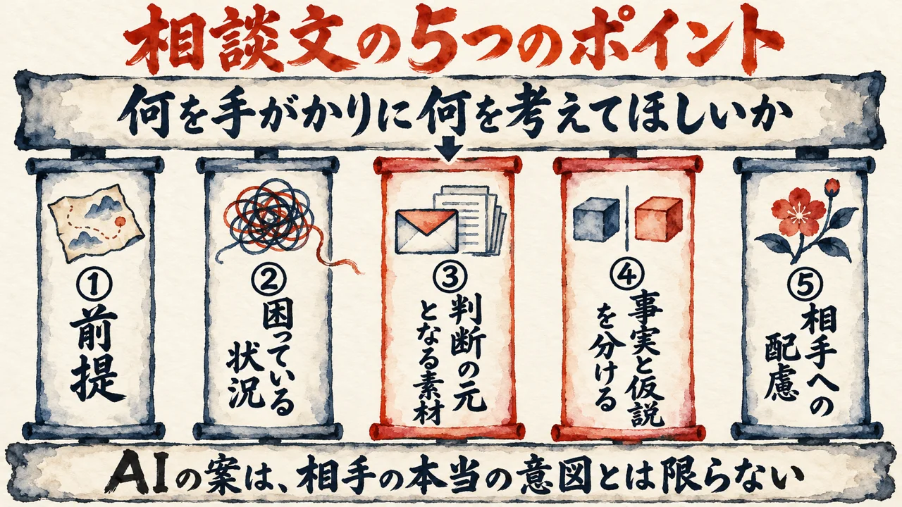何を手がかりに何を考えてほしいかを伝える相談文の5つのポイント（前提、困っている状況、判断の元となる素材、事実と仮説を分ける、相手への配慮）を五本の柱で並べた図解。AIの案は相手の本当の意図とは限らない、と添えている