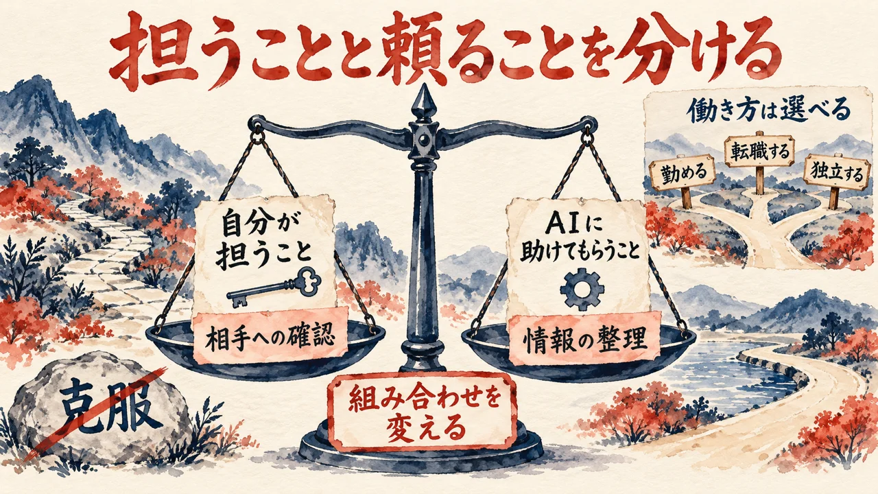 自分が担うこと（相手への確認）とAIに助けてもらうこと（情報の整理）を天秤の左右に置き、克服ではなく組み合わせを変える、と示す図解。右上に勤める・転職する・独立するの分かれ道