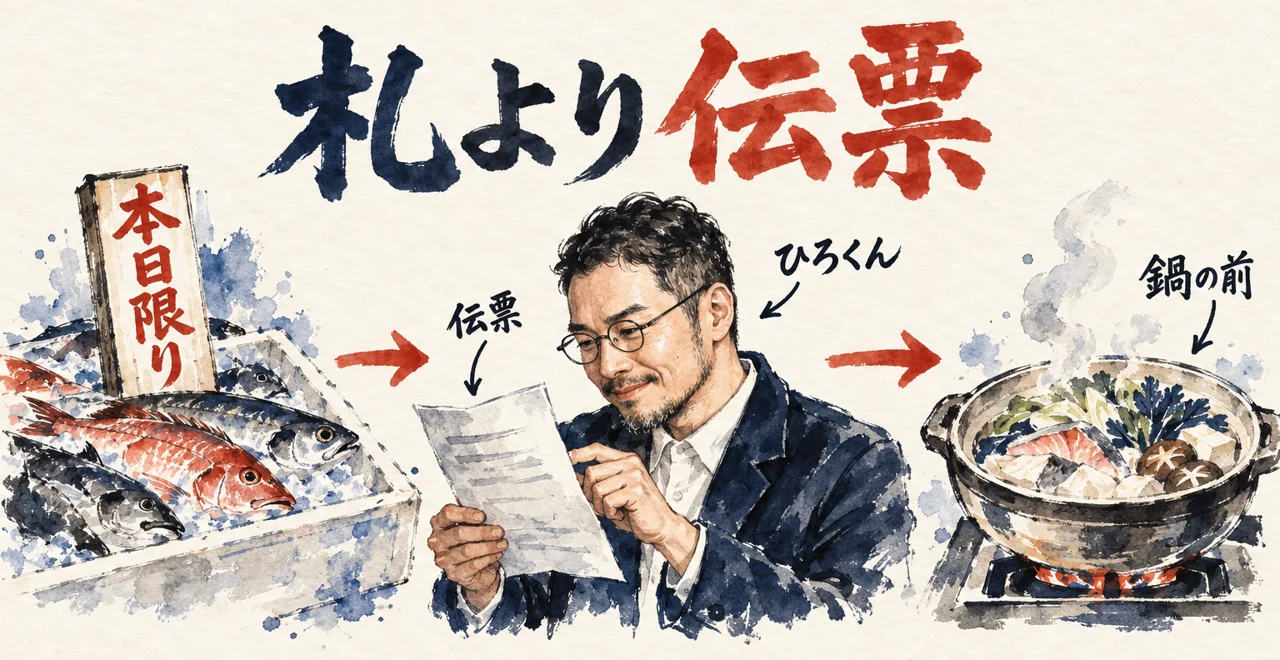 仲卸の本日限りの札の前で、ひろくんが伝票を読んでから、鍋の前で決める図解