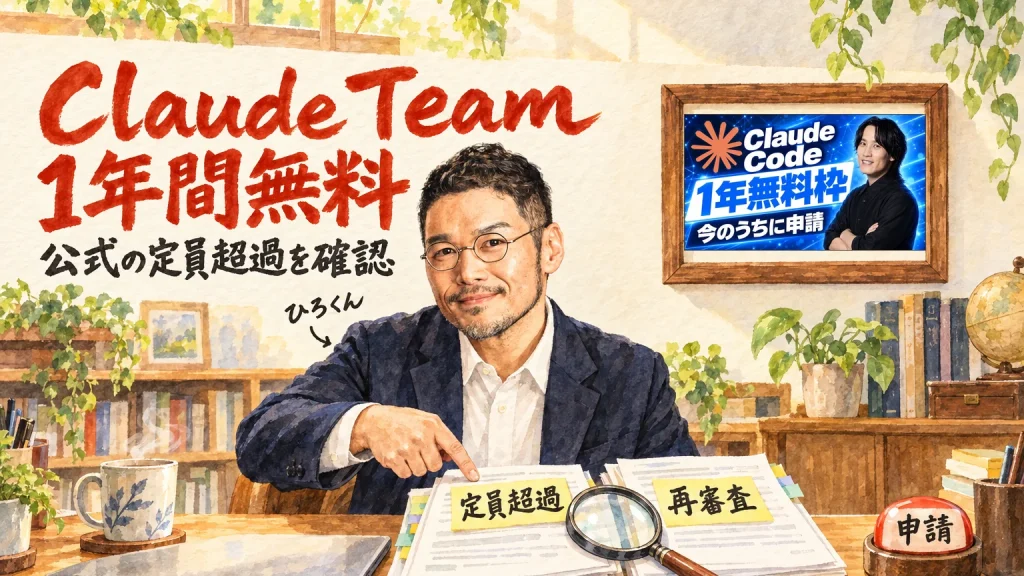 ひろくんが机の上の2枚の紙を指さし、Claude Team 1年間無料は今も申請できるかを公式の定員超過で確認しているアイキャッチ。壁に動画のサムネイル