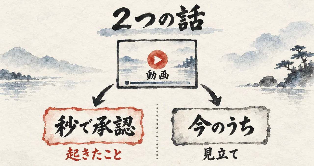 動画の話が、秒で承認された起きたことと、今のうちという見立ての2つに分かれることを示した図解