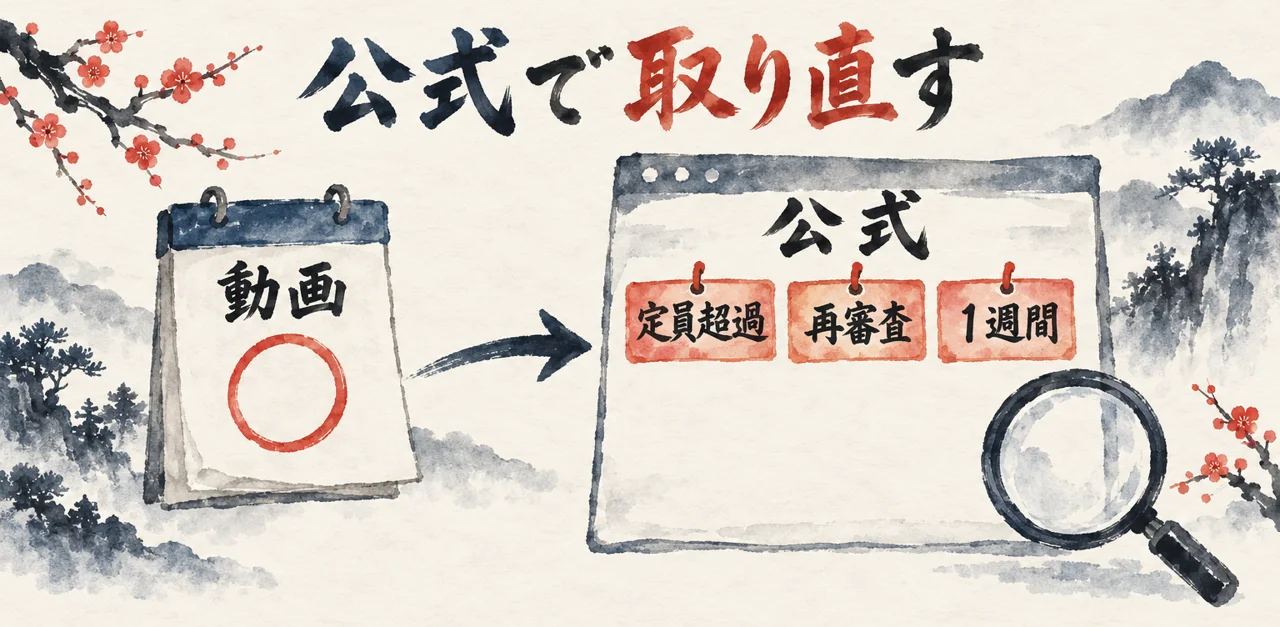 動画の見立てを、公式ページの定員超過・再審査・1週間以内の3つの札で取り直す流れを示した図解
