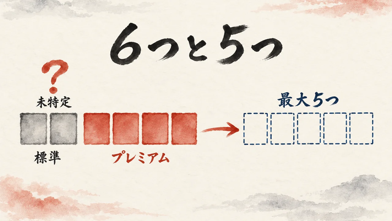 動画の画面の6つのシート（標準2つとプレミアム4つ）と、公式ブログのプレミアム最大5つを並べ、標準2つの理由が未特定であることを示した図解