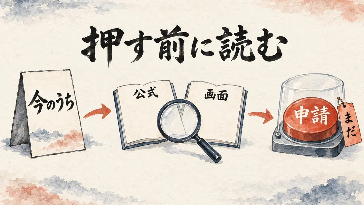 今のうちの札を見て、公式と画面の2冊を読み、申請のボタンはまだ押さない流れを示した図解