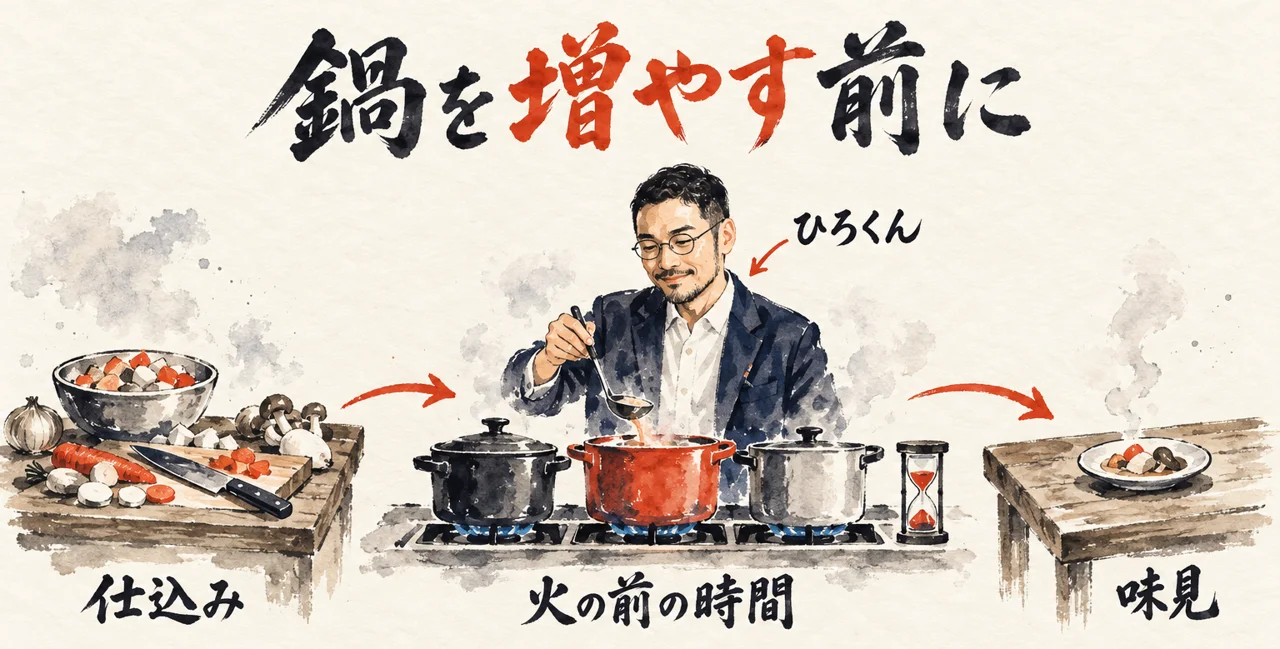 コラム図解: 台所で、仕込みは人に渡し、ひろくんは火の前で鍋を見て、最後の味見は自分の手に残す