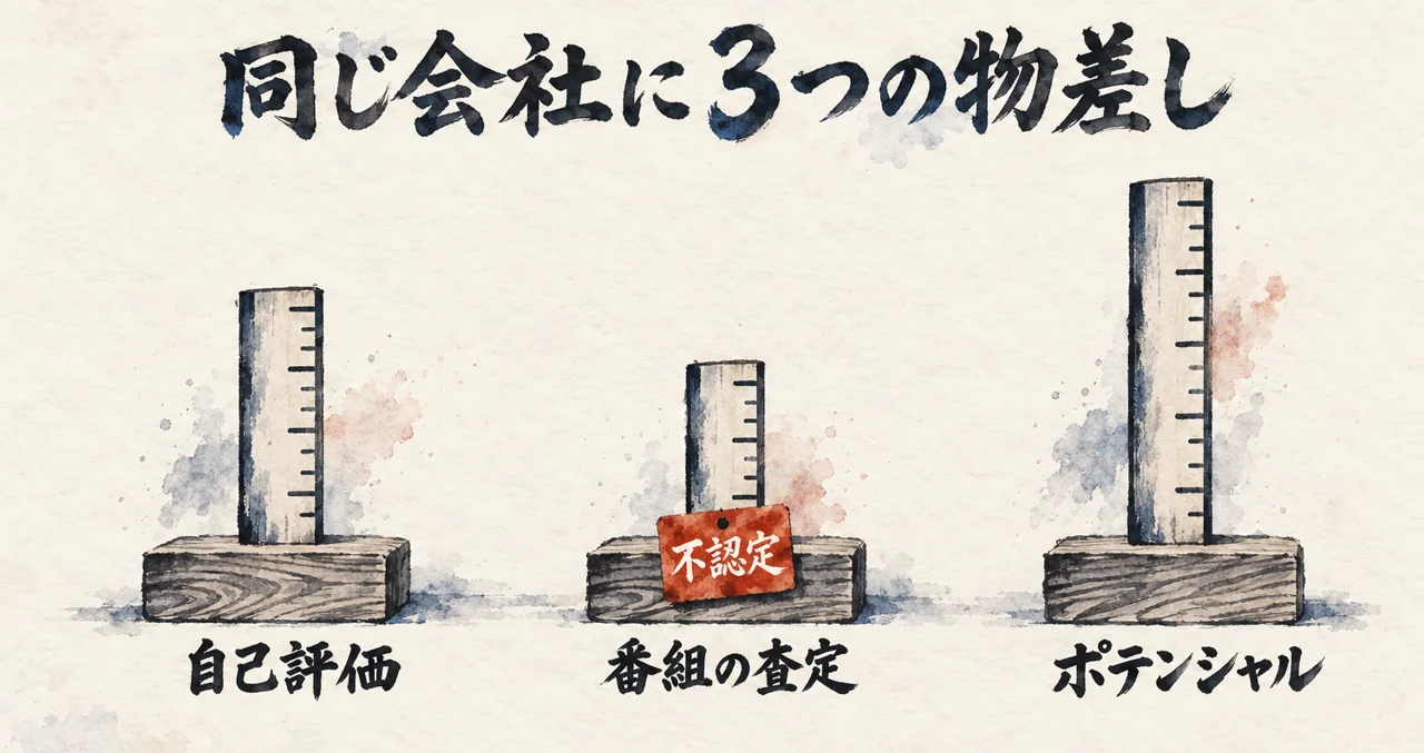 図解: 同じ会社に立つ3本の物差し。自己評価・番組の査定・ポテンシャルは、高さの違う別々の数字で、番組の査定の前に「不認定」の札がある