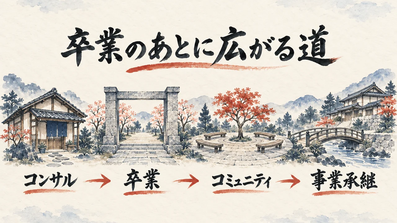 図解: 小さな家（コンサル）から門（卒業）をくぐり、広場（コミュニティ）、橋の先の建物（事業承継）へ続く一本道