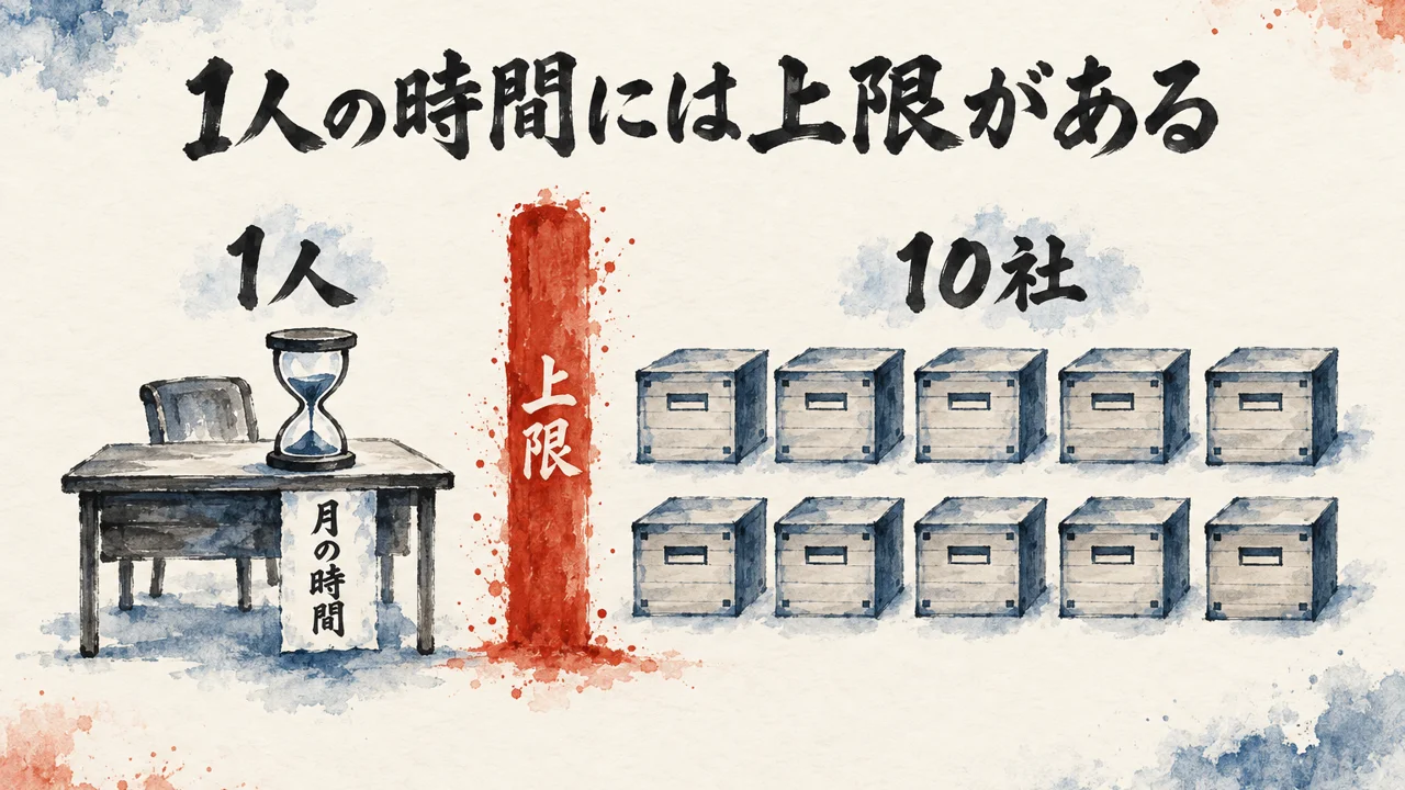 図解: 1人の机と砂時計（月の時間）と、10個の箱（10社）の間に朱色の仕切り線（上限）