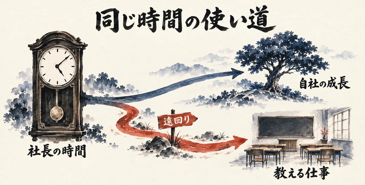 図解: 柱時計（社長の時間）から道が2本に分かれ、自社の成長の木と、教える仕事の教室へ続く