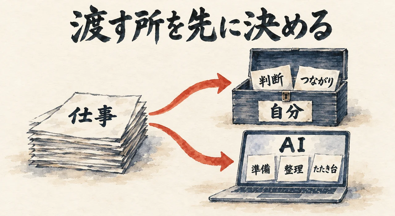 図解: 仕事の紙の束を、鍵付きの箱（自分: 判断・つながり）とノートPCの箱（AI: 準備・整理・たたき台）の2つに仕分ける