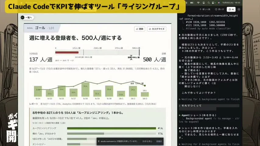 動画キャプチャ: 「週に増える登録者を、500人/週にする」ゴールの画面と、右側のClaude Codeが並んでいる場面（7:24頃）