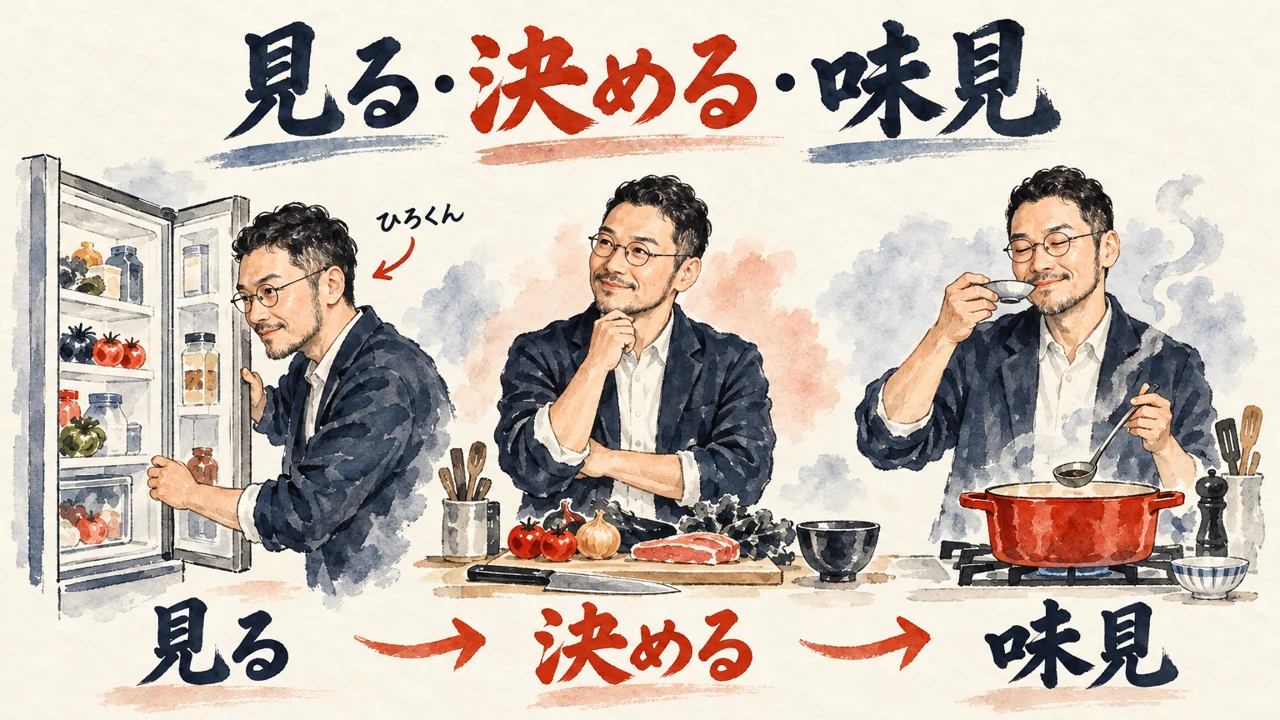 ひろくんが冷蔵庫の中を見て、献立を決めて、小皿で味見をする、数字のループを料理にたとえた図解