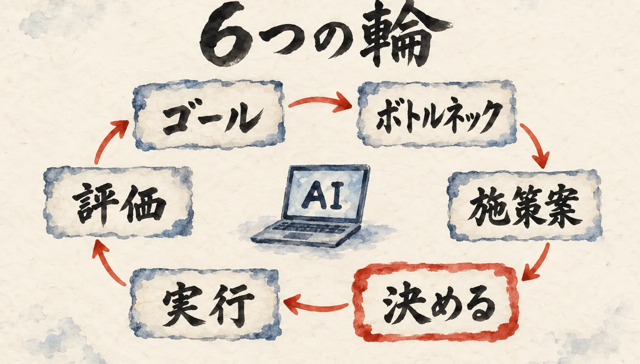 作るのは一瞬になっても、ゴール・ボトルネック・施策案・決める・実行・評価の輪を回すのは人とAIだと示した図解