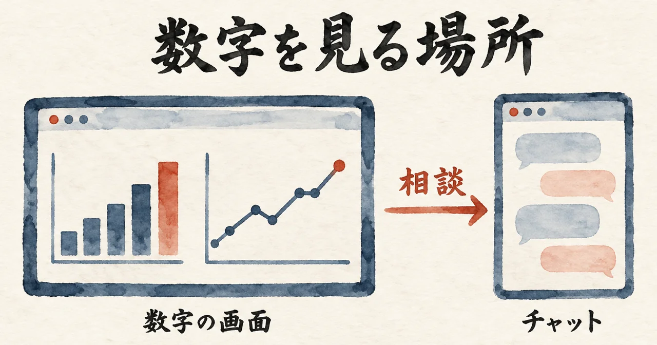 左に1枚の数字の画面、右にチャット欄を置き、数字を毎日見る場所を先に作ることを示した図解