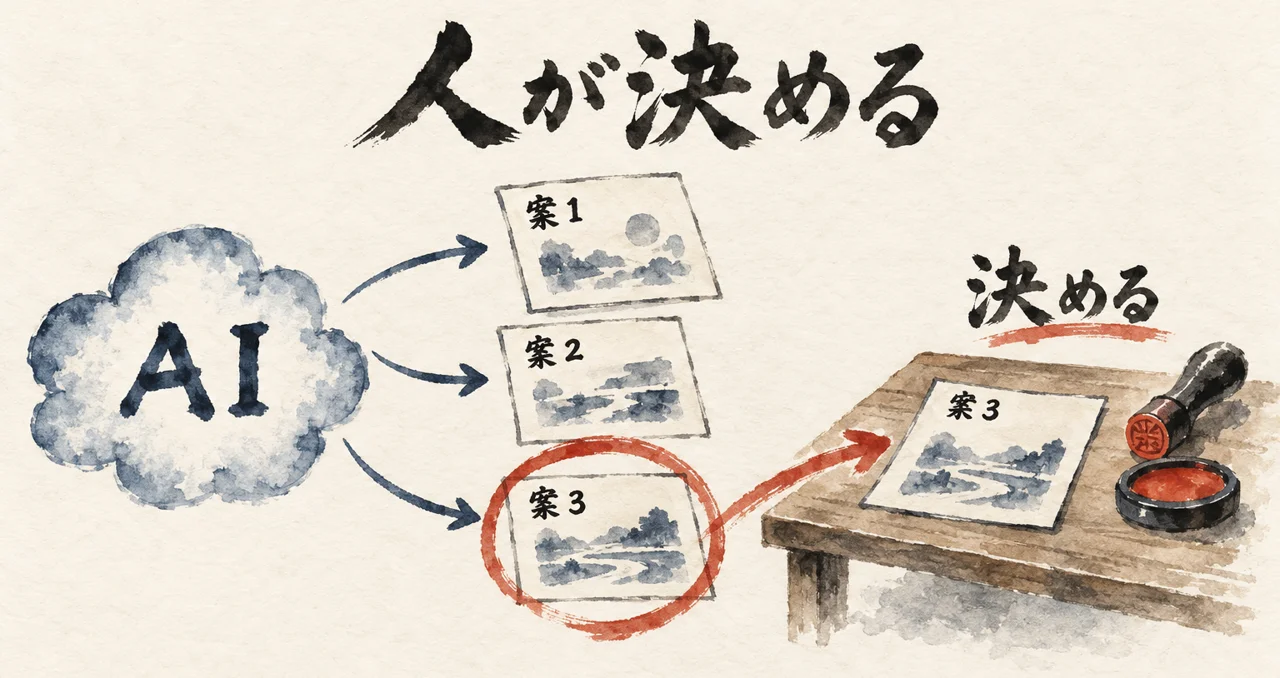 AIが出した3つの案から、人が1つを決めることを示した図解