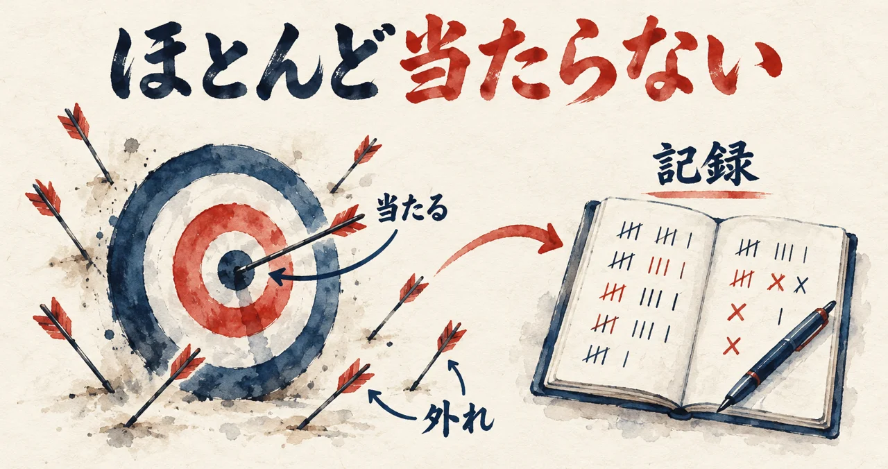 的に当たる矢は少なく、外れた矢も帳面に記録する、当たらない前提の回し方を示した図解