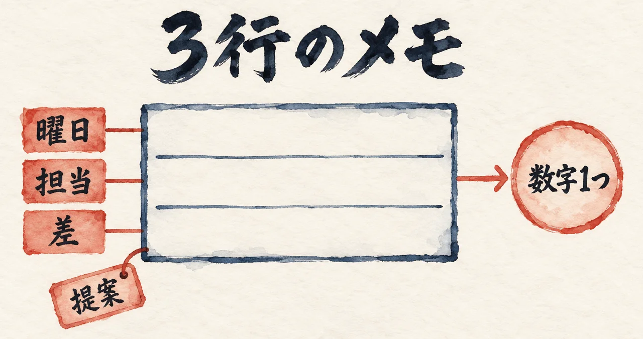 曜日・担当・差の3行のメモから、自分の数字1つで先に回す私の提案を示した図解
