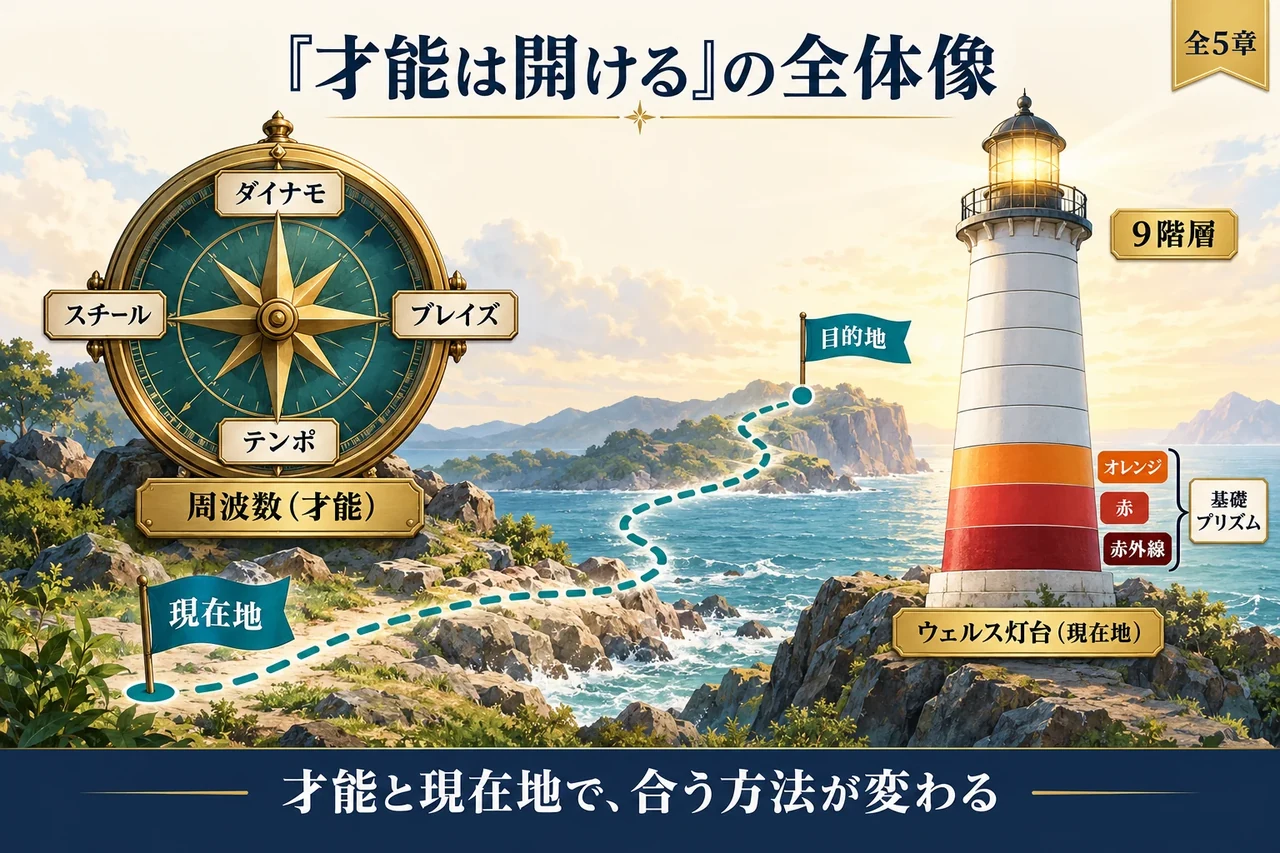 海辺に建つ9階層のウェルス灯台と、4方位にダイナモ・ブレイズ・テンポ・スチールを記した羅針盤を並べ、現在地から目的地へ伸びる道で、才能と現在地で合う方法が変わるという本の全体像を示した図。