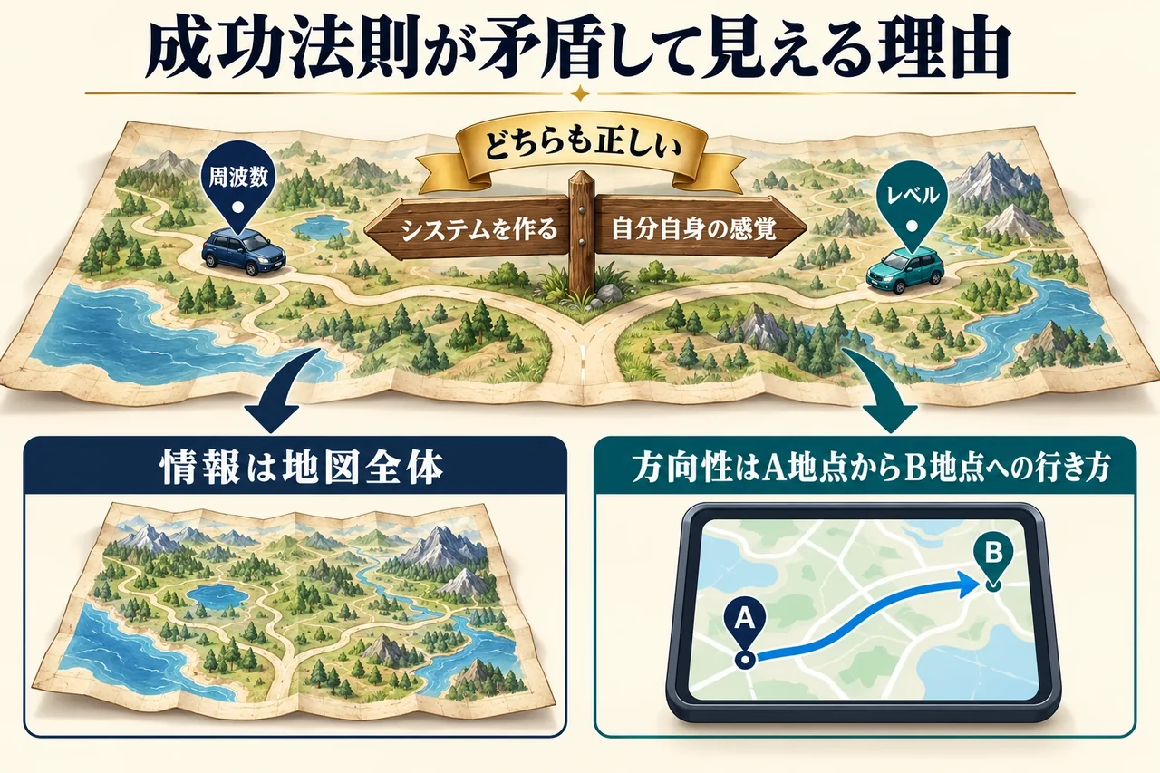 分かれ道に「システムを作る」と「自分自身の感覚」の道標が逆向きに立ち、地図上の離れた2地点に置かれた車にそれぞれ周波数とレベルのピンが付いていて、どちらも正しい理由と、情報は地図全体、方向性は行き方という違いを示した図。
