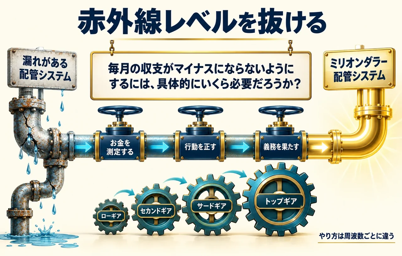 左に水が漏れる配管、右に漏れを直した配管を描き、間を流れる管にお金を測定する・行動を正す・義務を果たすの3つのバルブを付け、上に毎月いくら必要かという問いの札、下に4つのギアを並べて、赤外線レベルを抜ける手順を示した図。
