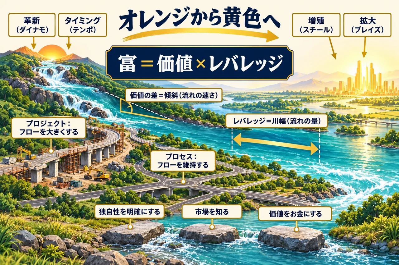 傾斜を持つ川を描き、傾斜を価値の差として流れの速さ、川幅をレバレッジとして流れの量に対応させ、中央に富＝価値×レバレッジの式、手前に新しい道路のプロジェクトとつながる道路のプロセス、上に革新・タイミング・増殖・拡大の4極、下に黄色へのステップを並べた図。