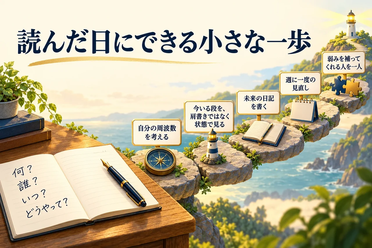 机の上に開いたノートを置き、何・誰・いつ・どうやっての問いを書いたページと、そこから続く飛び石の小道に、自分の周波数を考える、今いる段を状態で見る、未来の日記を書く、週に一度の見直し、弱みを補ってくれる人を一人と順に並べた図。